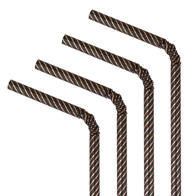 Pajitas negras con rayas oro rosa / 10 uds.