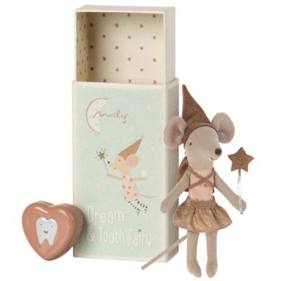 Old pink tooth fairy mouse with metal box