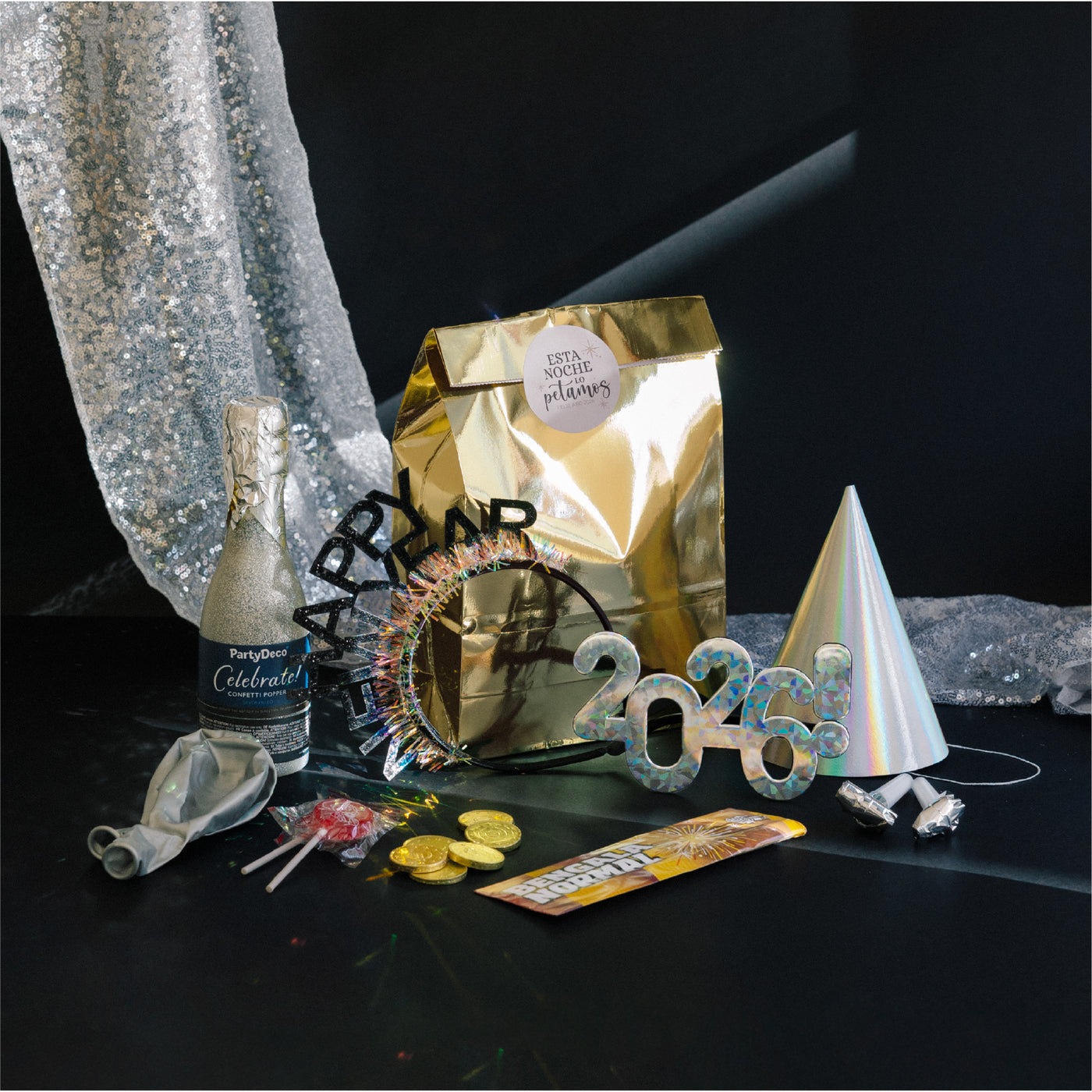 Kit cotillón 2 pers. Nochevieja plata PREMIUM