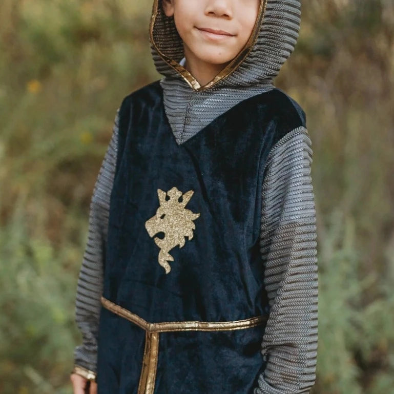 Golden knight costume with cape and crown