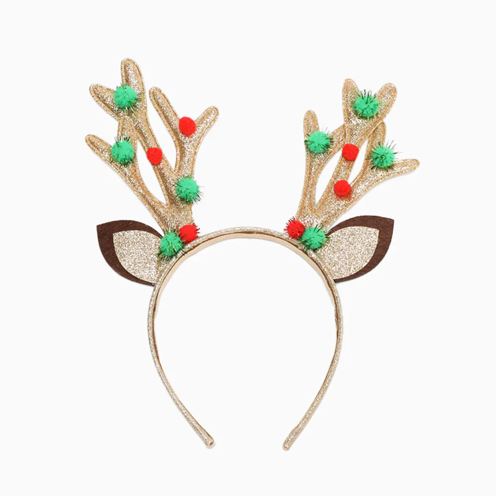 Golden reindeer headband and colorful pompoms
