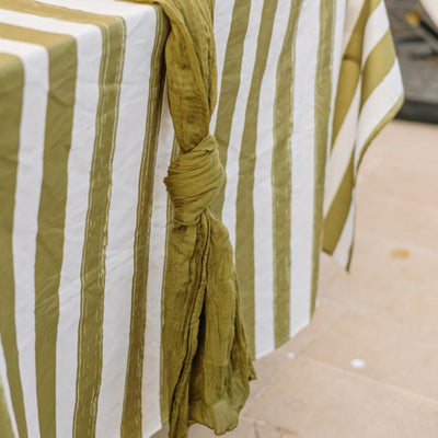 Olive green striped fabric tablecloth