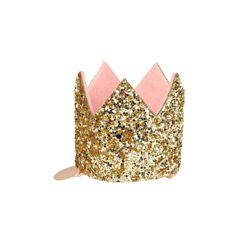 Mini coroa com clipe de glitter dourado