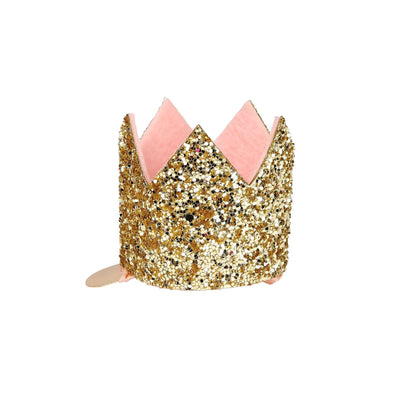 Mini coroa com clipe de glitter dourado