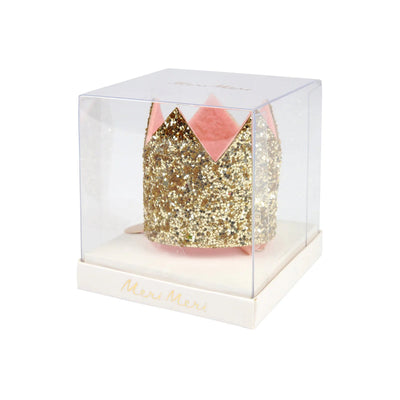 Mini coroa com clipe de glitter dourado