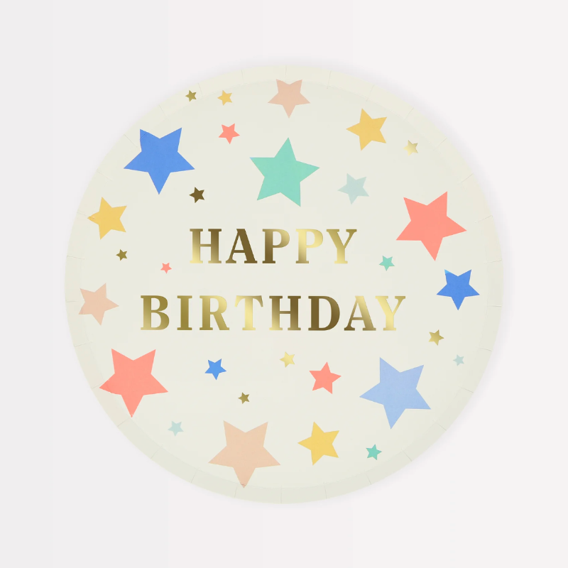 Happy Birthday plate multicolored stars / 8 pcs.