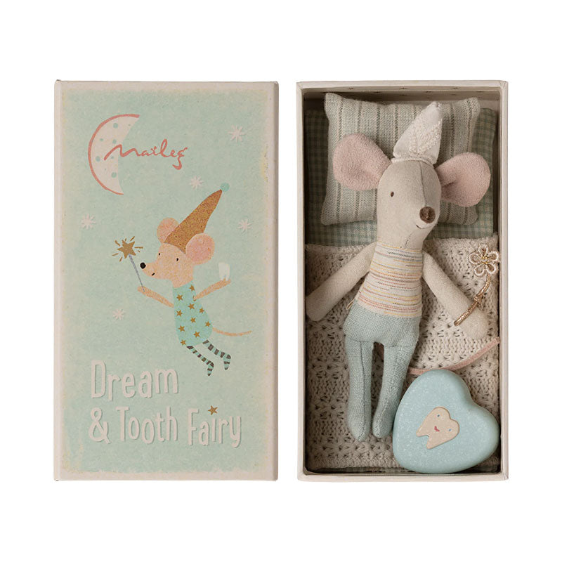 Blue tooth fairy mouse with metal box and bed