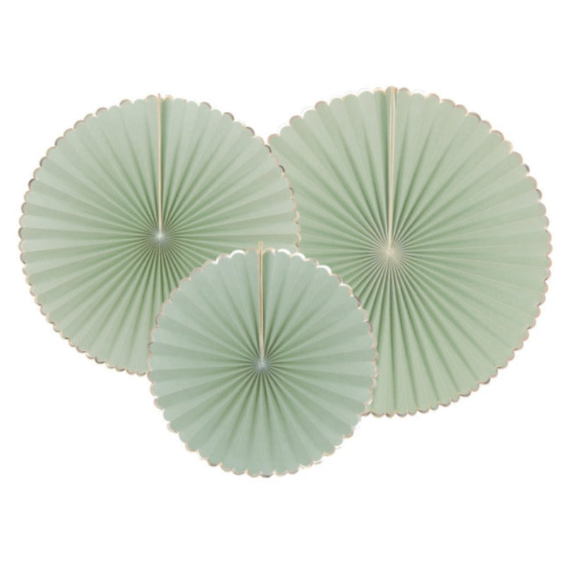 Kit of dusty green cardboard fans with golden edges