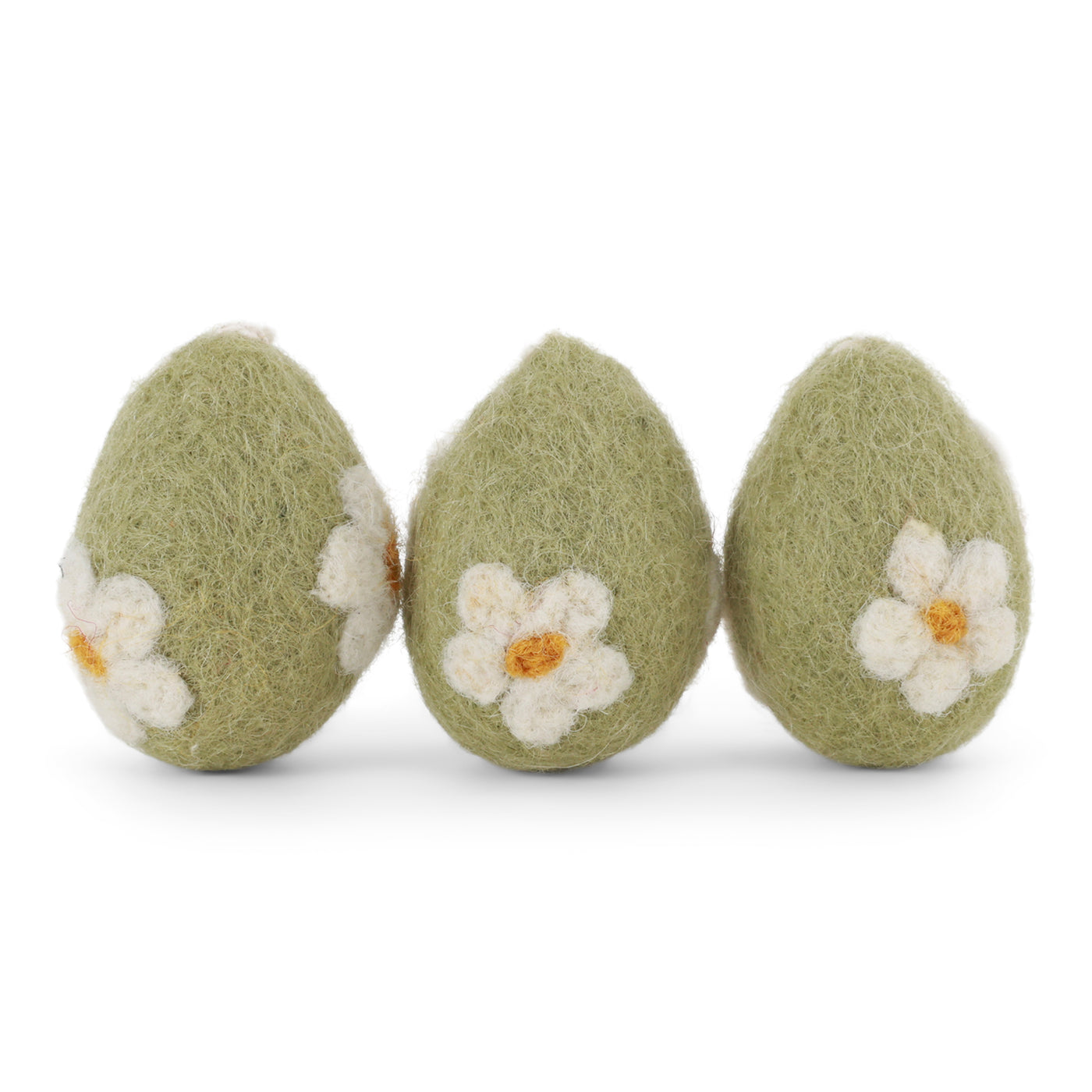 Green Easter egg decorations in Felt with daisies / 3 pcs.