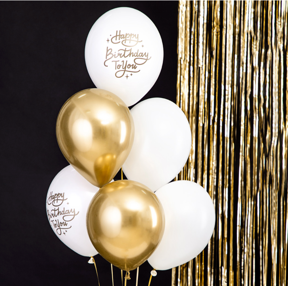 Bouquet Balões de látex Happy B-day dourado branco inflado com hélio <br> (somente Barcelona)