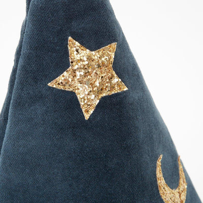 Chapéu de bruxa de veludo azul e dourada