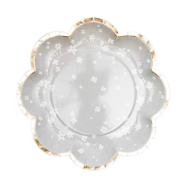 Gray dessert plate with white flowers / 12 pcs.