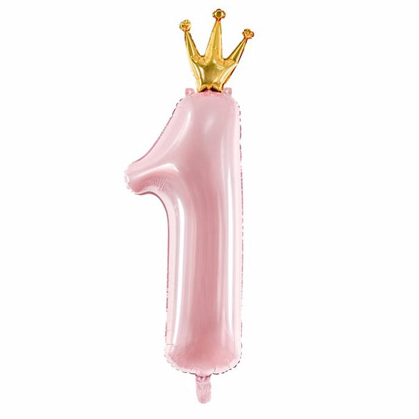Pink number 1 foil balloon with crown