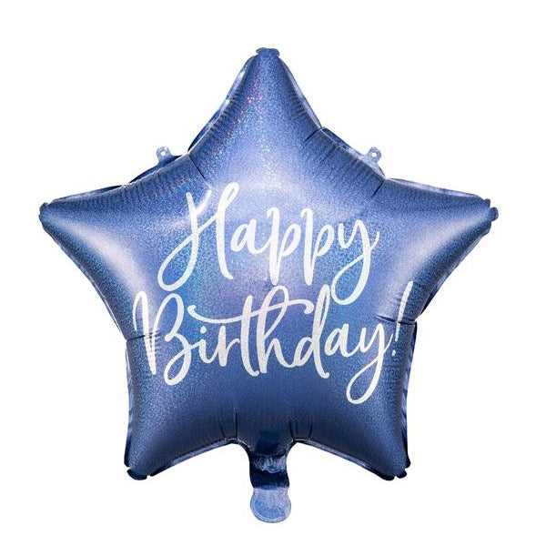 Balão foil estrela azuis iridescentes Happy Birthday