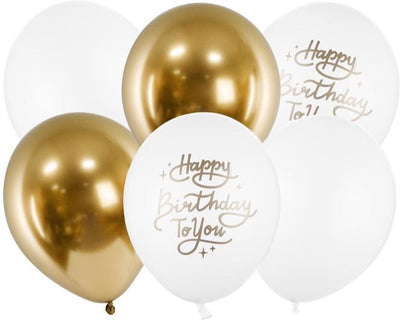 Bouquet latex balloons Happy B-day white gold inflated with helium