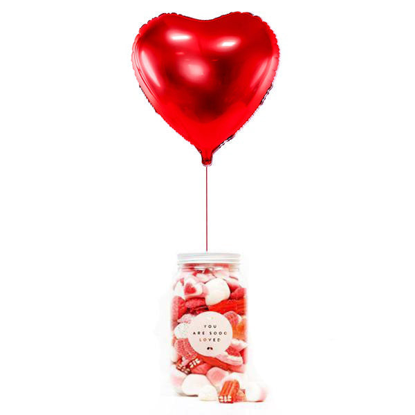 WOW BOX Red heart balloon, personalized message and LOVE candy jar