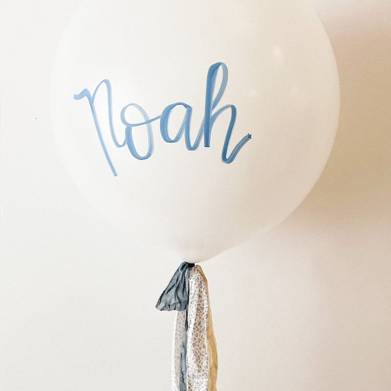 White Bio Latex L balloon inflated with light blue liberty fabrics and Lettering 