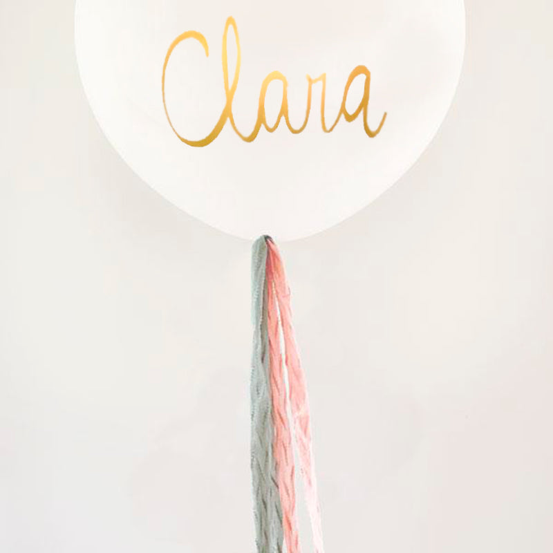White Bio Latex L balloon inflated with pink and mint fabric and Lettering
