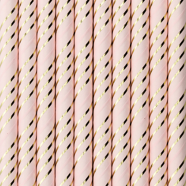 Palhinhas de papel de riscas cor-de-rosa com detalhe de folha / 10 pcs.
