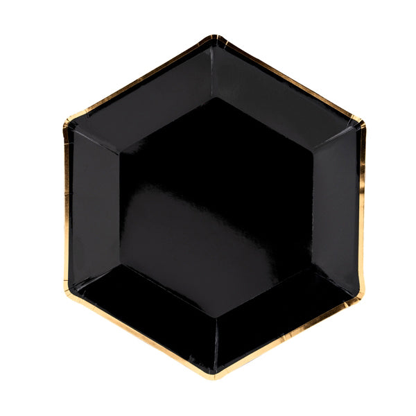 Plato hexagonal negro con vivo dorado / 6 uds.